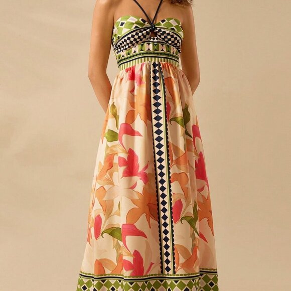 Multicolor Boho Women's Floral Print Hollow Out Sleeveless Extra Long Dress - Picture 3 of 7